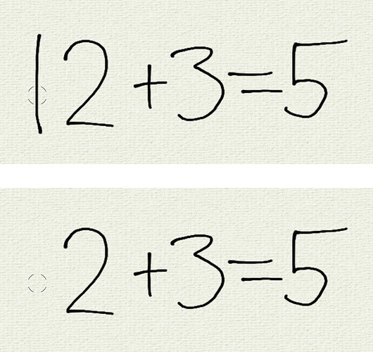 Screenshot of two MyPaint canvases. The top one has a with hand-written equation 12 + 3 = 5, erase cursor hovering over the 1. The bottom one has the 1 gone.